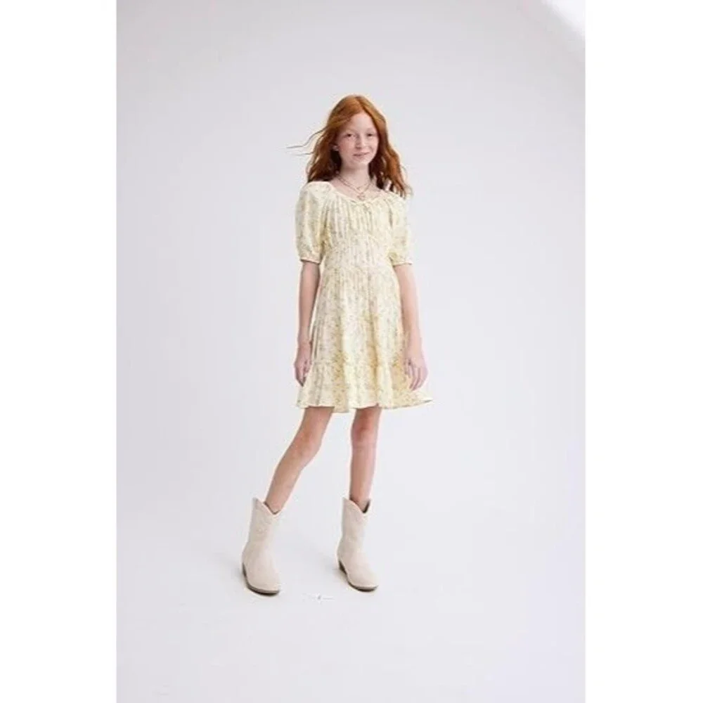 The Children's Place Girls Dress SMALL 5-6 Years Yellow Short Puff Sleeve Tiered - Picture 2 of 4